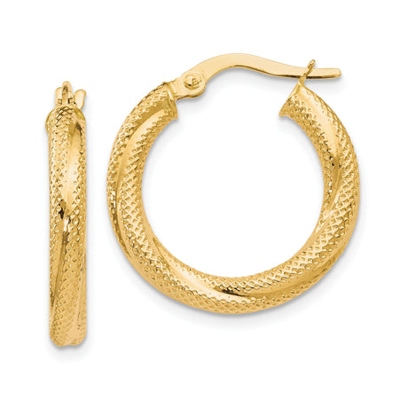 10k Yellow Gold Hoop Earrings, Twisted Diamond Cut Design, Lightweight Polished Hinged Style