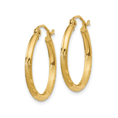 14k Yellow Gold Hoop Earrings with Textured Diamond-Cut Pattern, Classic Round Design, Latch Back