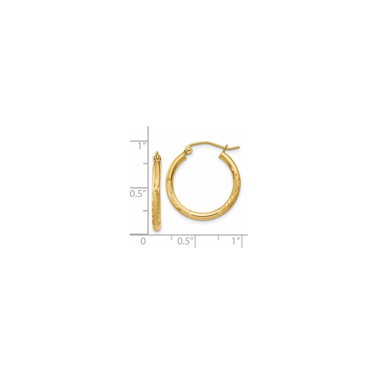 14k Yellow Gold Hoop Earrings with Textured Diamond-Cut Pattern, Classic Round Design, Latch Back