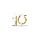 14k Yellow Gold Hoop Earrings with Diamond Cut Leaf Design, Textured and Polished Finish
