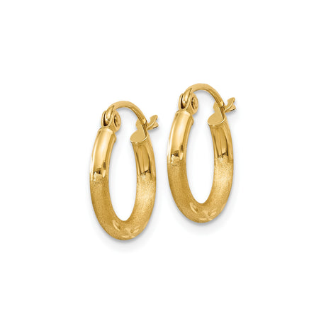 14k Yellow Gold Hoop Earrings, Diamond Cut Textured Round Hoops with Polished Finish