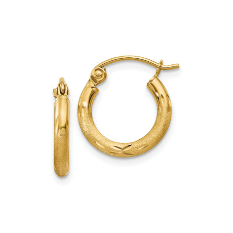14k Yellow Gold Hoop Earrings, Diamond Cut Textured Round Hoops with Polished Finish