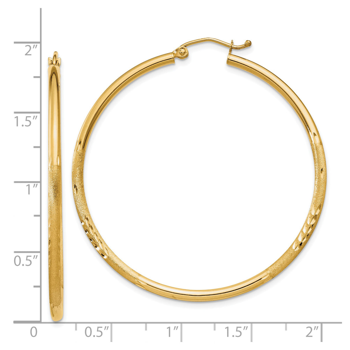 14k Yellow Gold Hoop Earrings, Polished and Textured with Diamond Cut Detailing