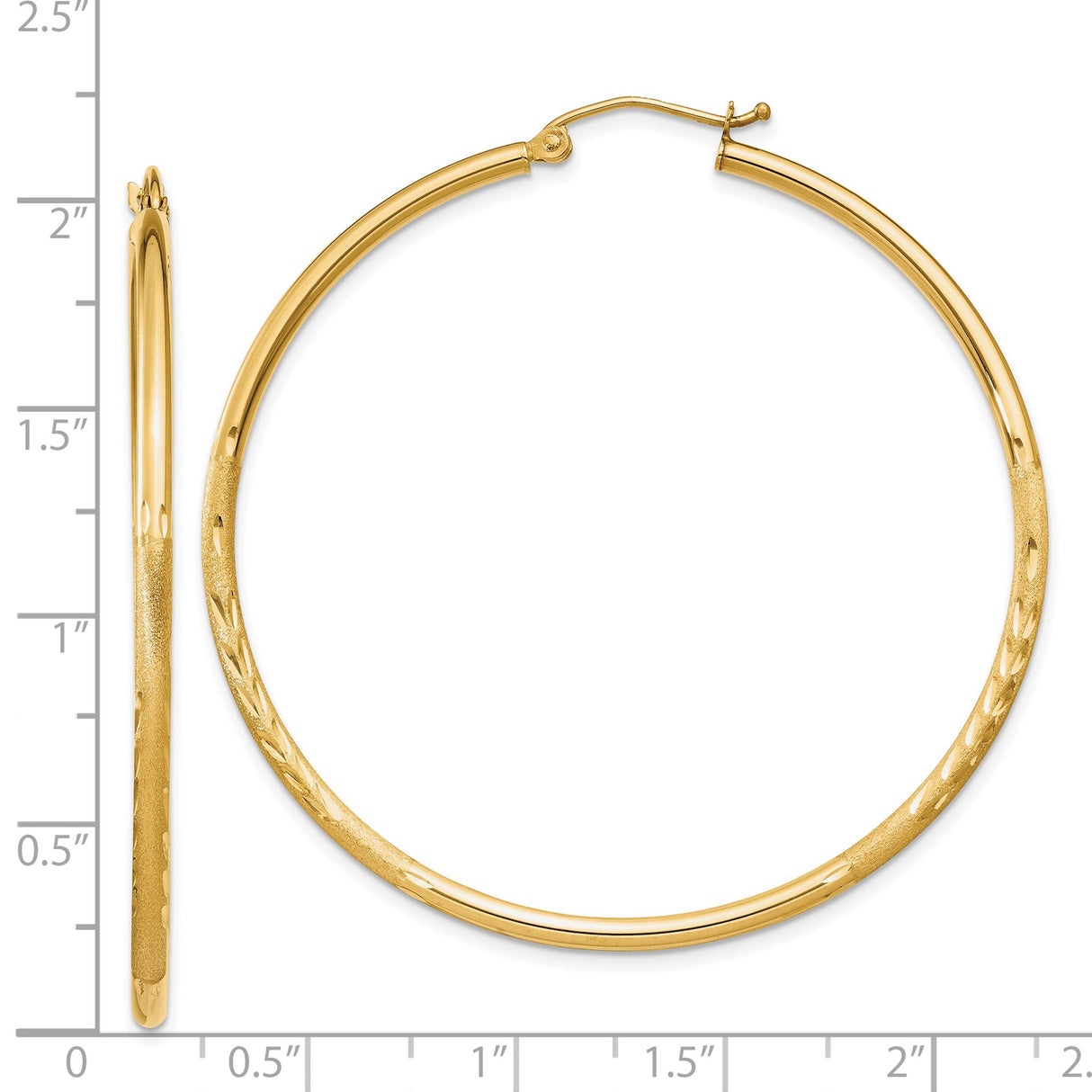 14k Yellow Gold Hoop Earrings with Diamond Cut Texture, Polished Oval Lightweight Design