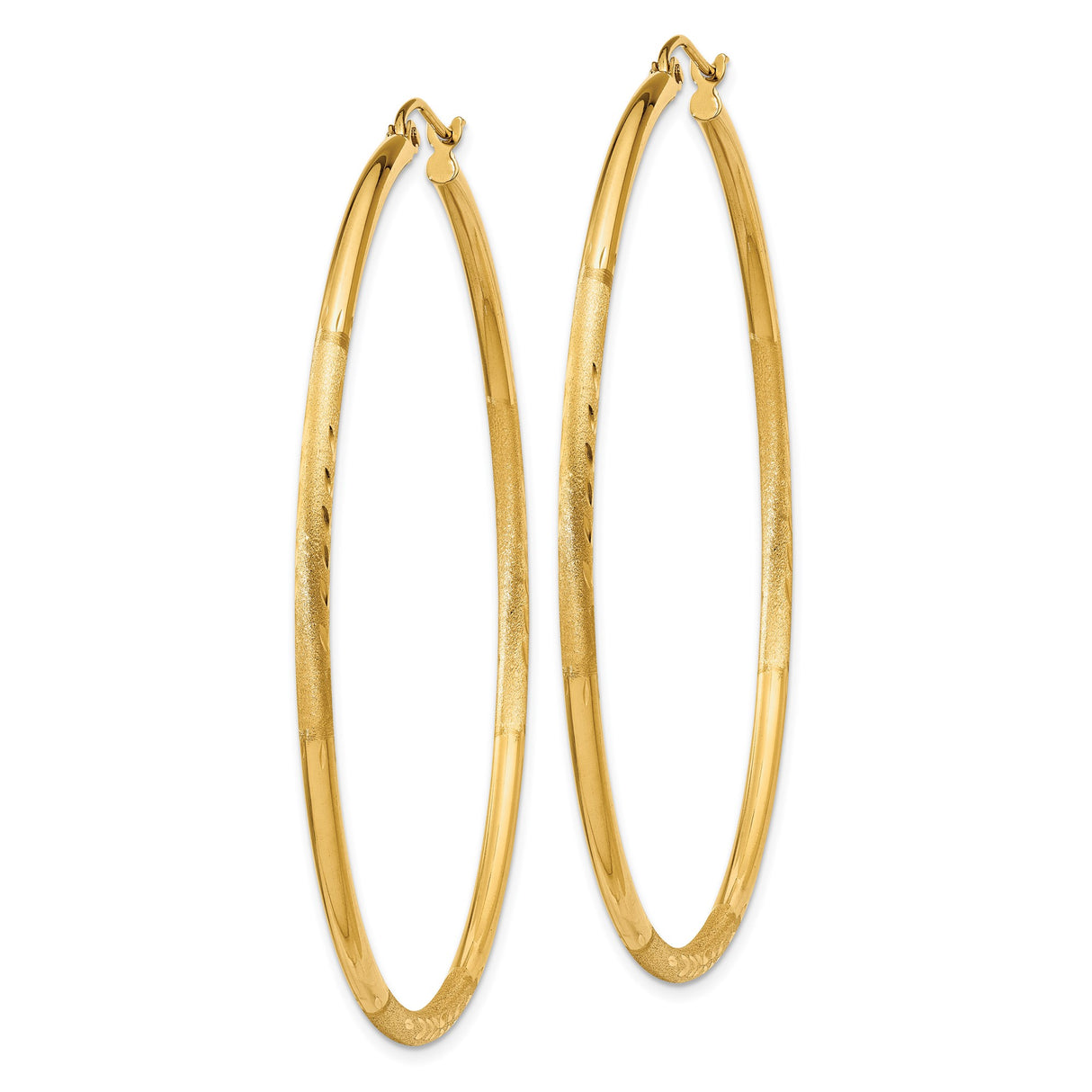 14k Yellow Gold Hoop Earrings with Diamond Cut Leaf Pattern, Lightweight Textured Design