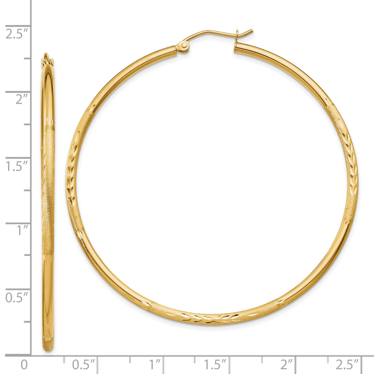 14k Yellow Gold Hoop Earrings with Diamond Cut Leaf Pattern, Lightweight Textured Design