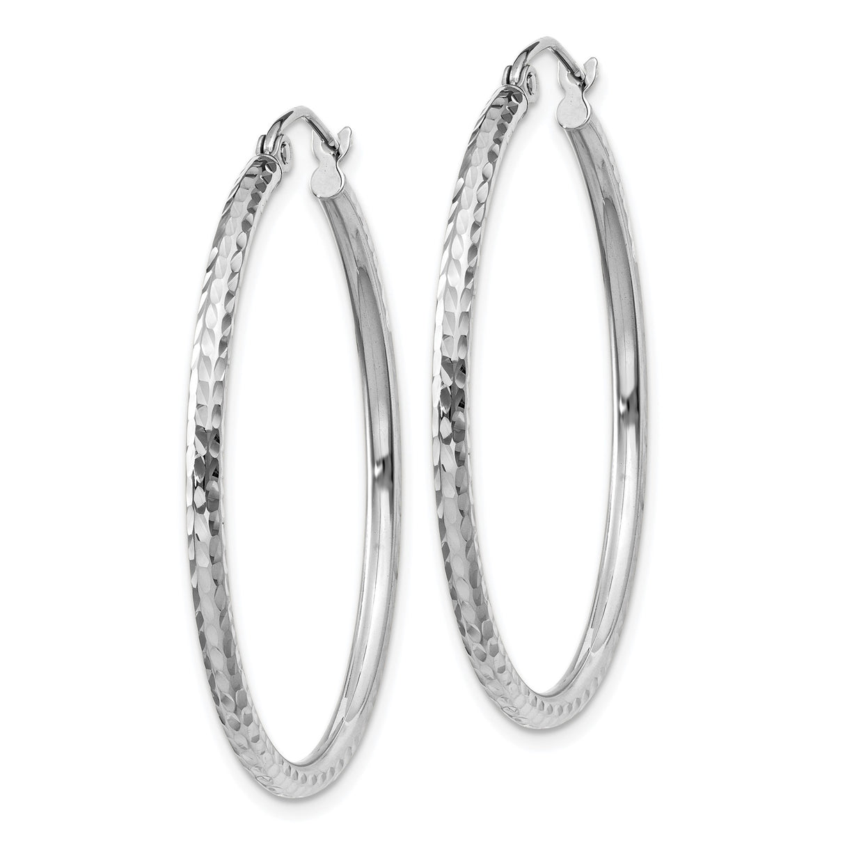 14k White Gold Hoop Earrings, Hammered Texture Round Hoops with High Polish Finish