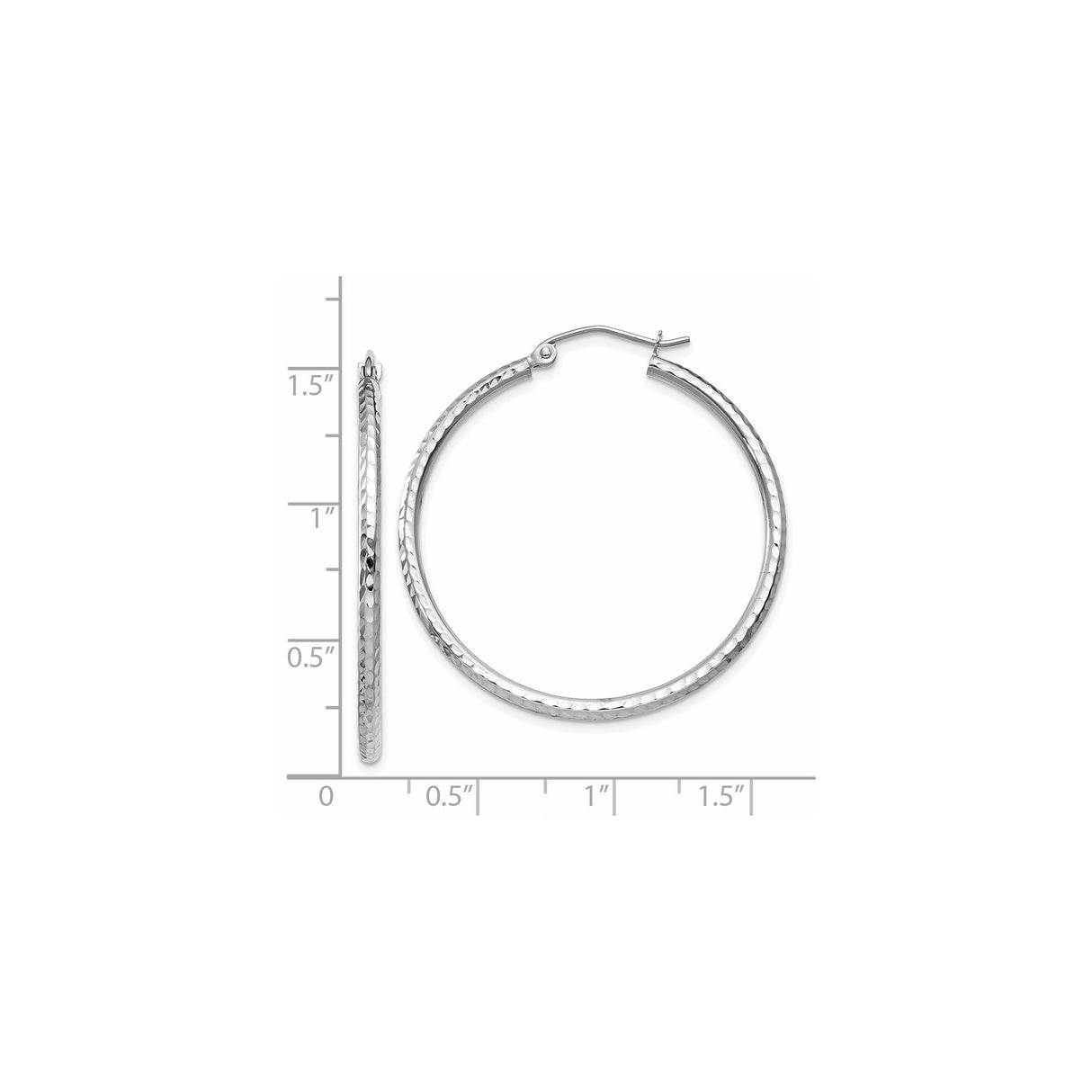 14k White Gold Hoop Earrings, Hammered Texture Round Hoops with High Polish Finish