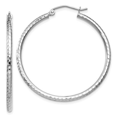 14k White Gold Hoop Earrings, Hammered Texture Round Hoops with High Polish Finish