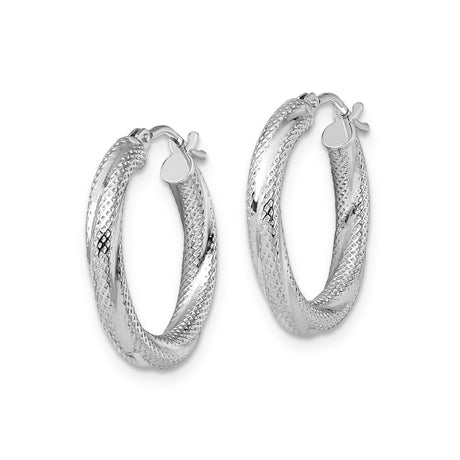 10k White Gold Hoop Earrings with Polished Twist and Diamond Cut Texture for Women