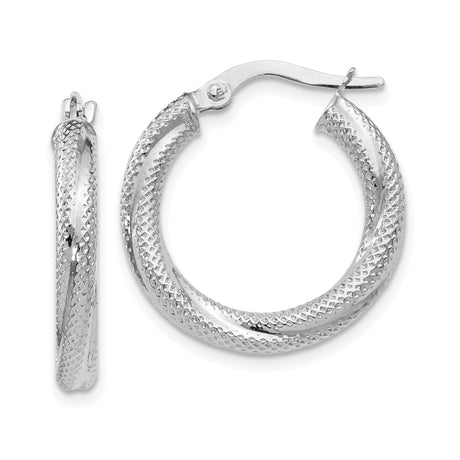 10k White Gold Hoop Earrings with Polished Twist and Diamond Cut Texture for Women