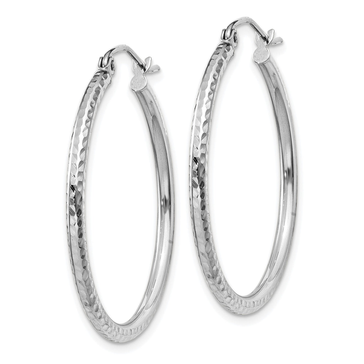 14k White Gold Hoop Earrings, Polished Diamond Cut Texture, Medium Size Classic Style