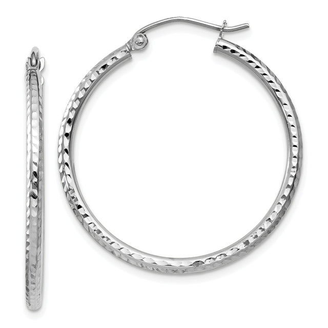 14k White Gold Hoop Earrings, Polished Diamond Cut Texture, Medium Size Classic Style