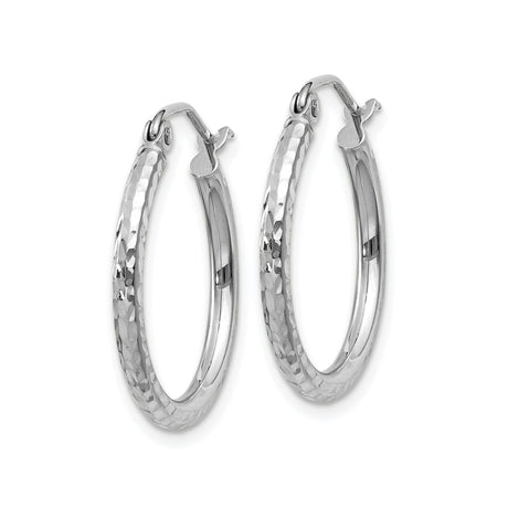 14k White Gold Hoop Earrings, Hammered Textured Lightweight Design for Women