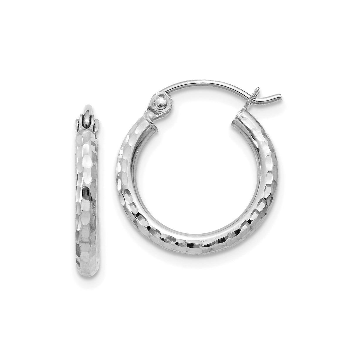 14k White Gold Hoop Earrings, Hammered Textured Finish, Lightweight Round Design for Women