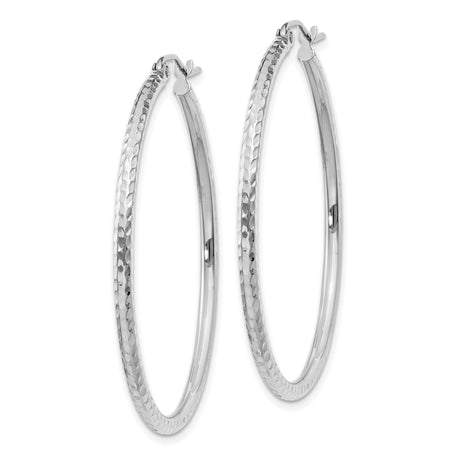 14k White Gold Hoop Earrings, Diamond Cut Textured Round Hoops with Polished Surface