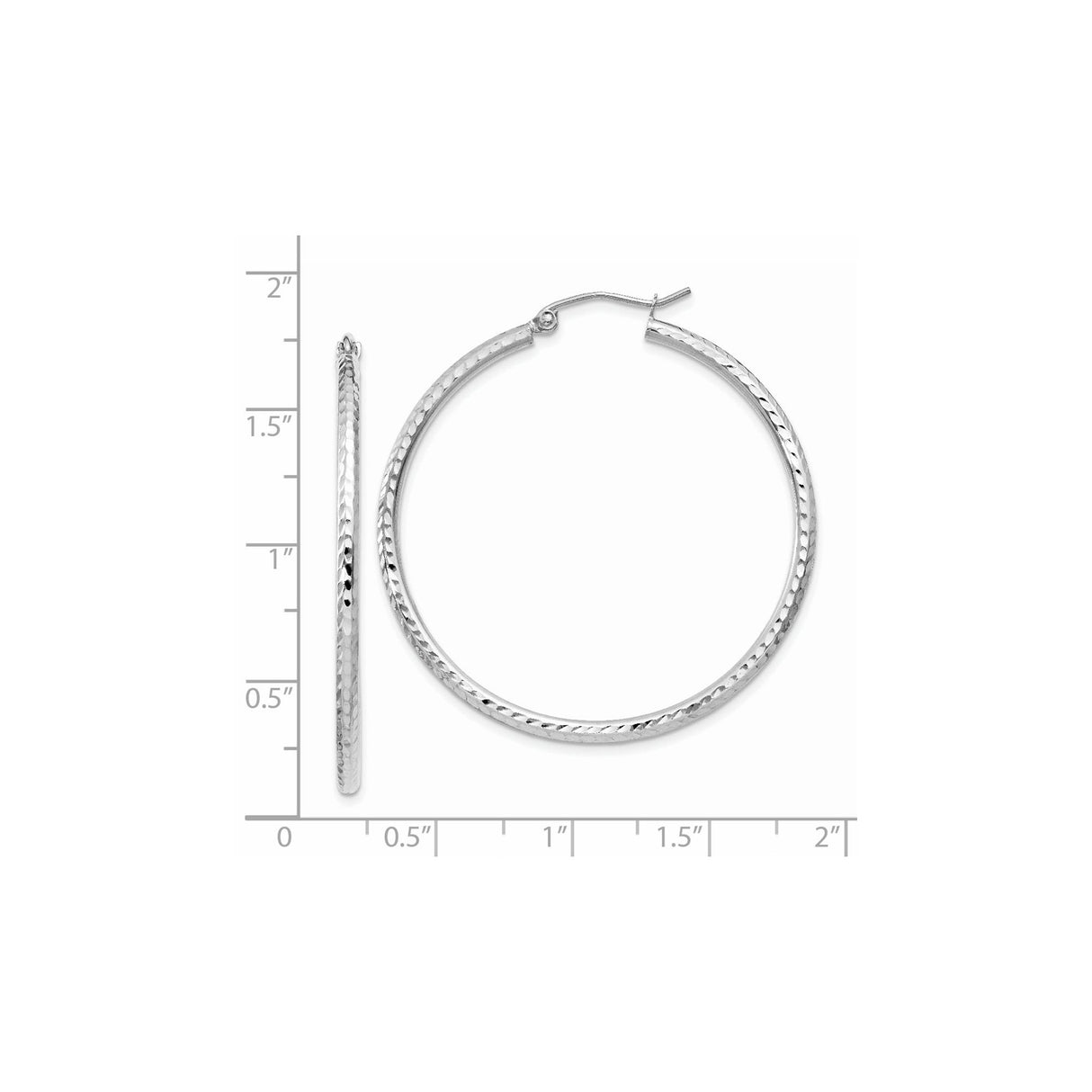 14k White Gold Hoop Earrings, Diamond Cut Textured Round Hoops with Polished Surface