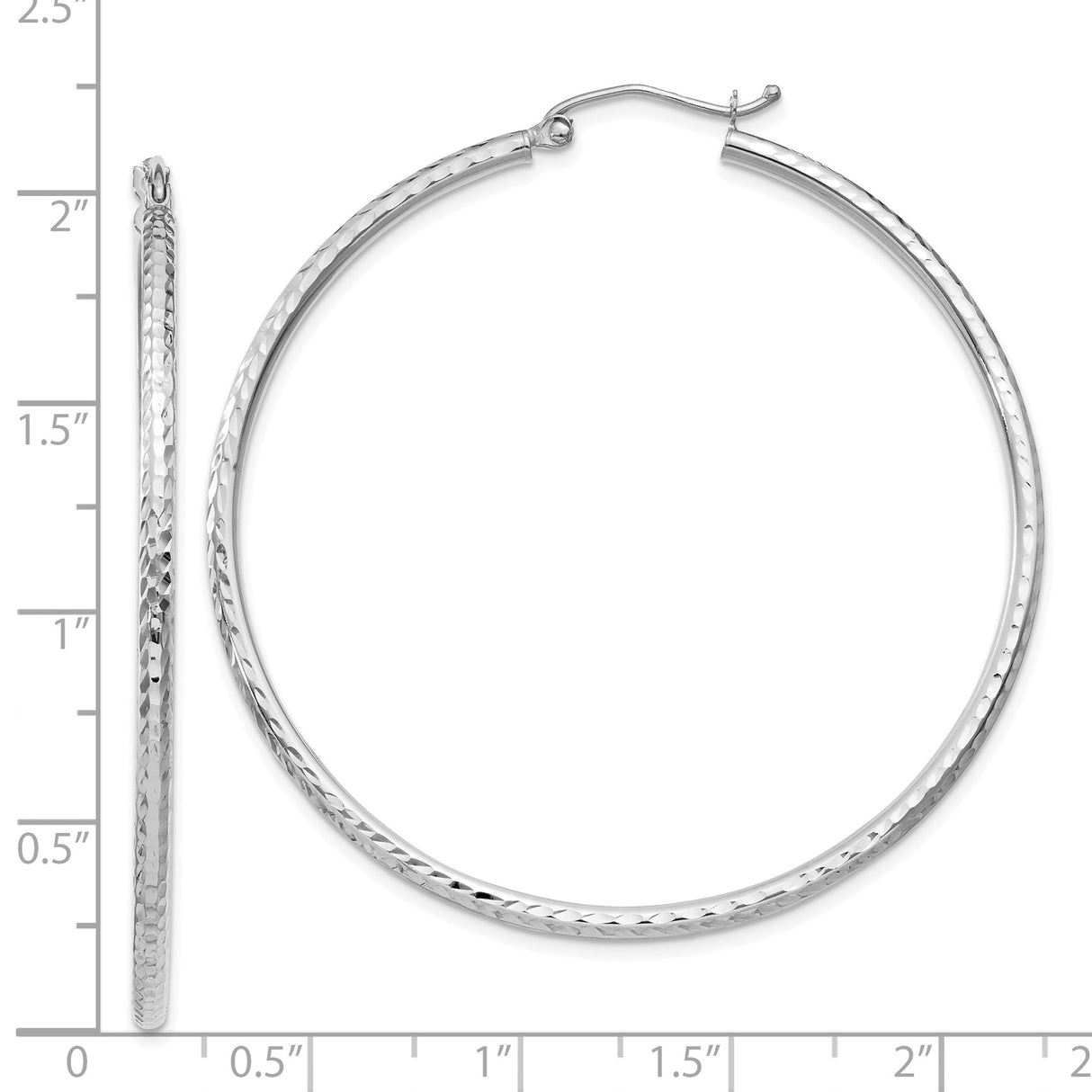 14k White Gold Hoop Earrings, Large Lightweight Round with Diamond Cut Textured Finish