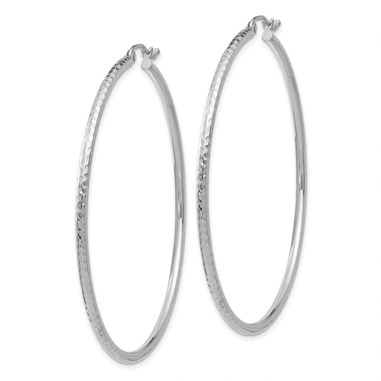 14k White Gold Hoop Earrings with Hammered Finish, Textured Round Design, Latch Back Closure