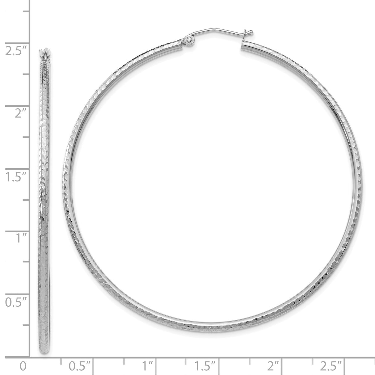 14k White Gold Hoop Earrings with Diamond Cut Texture, Lightweight Classic Round Style