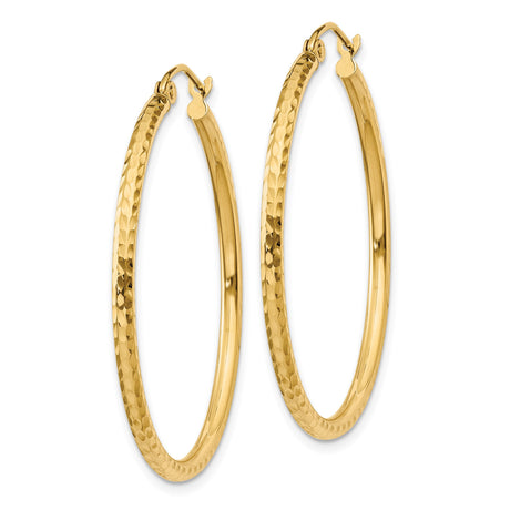 14k Yellow Gold Hoop Earrings, Hammered Textured Finish, Lightweight Minimalist Design