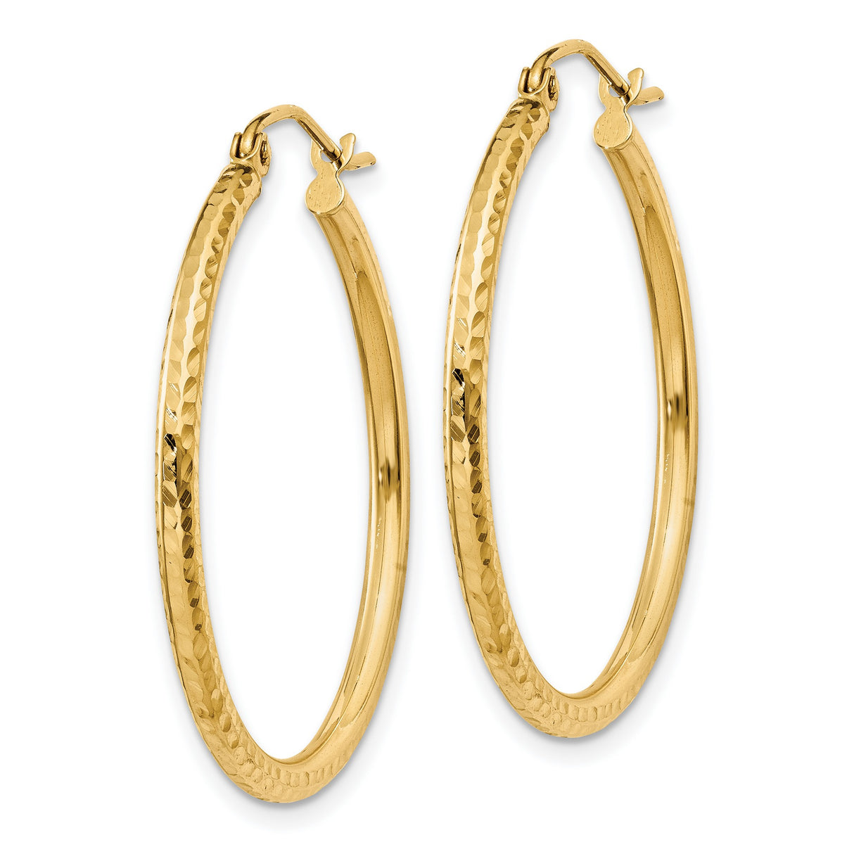 14k Yellow Gold Hoop Earrings, Hammered and Polished Finish, Lightweight Classic Style for Women