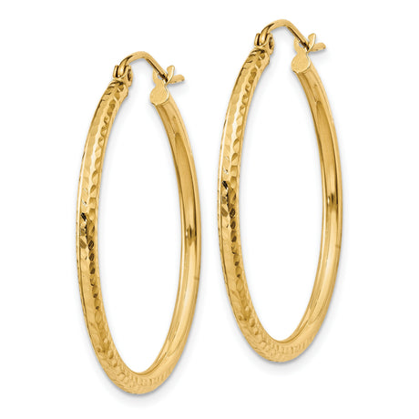 14k Yellow Gold Hoop Earrings, Hammered and Polished Finish, Lightweight Classic Style for Women