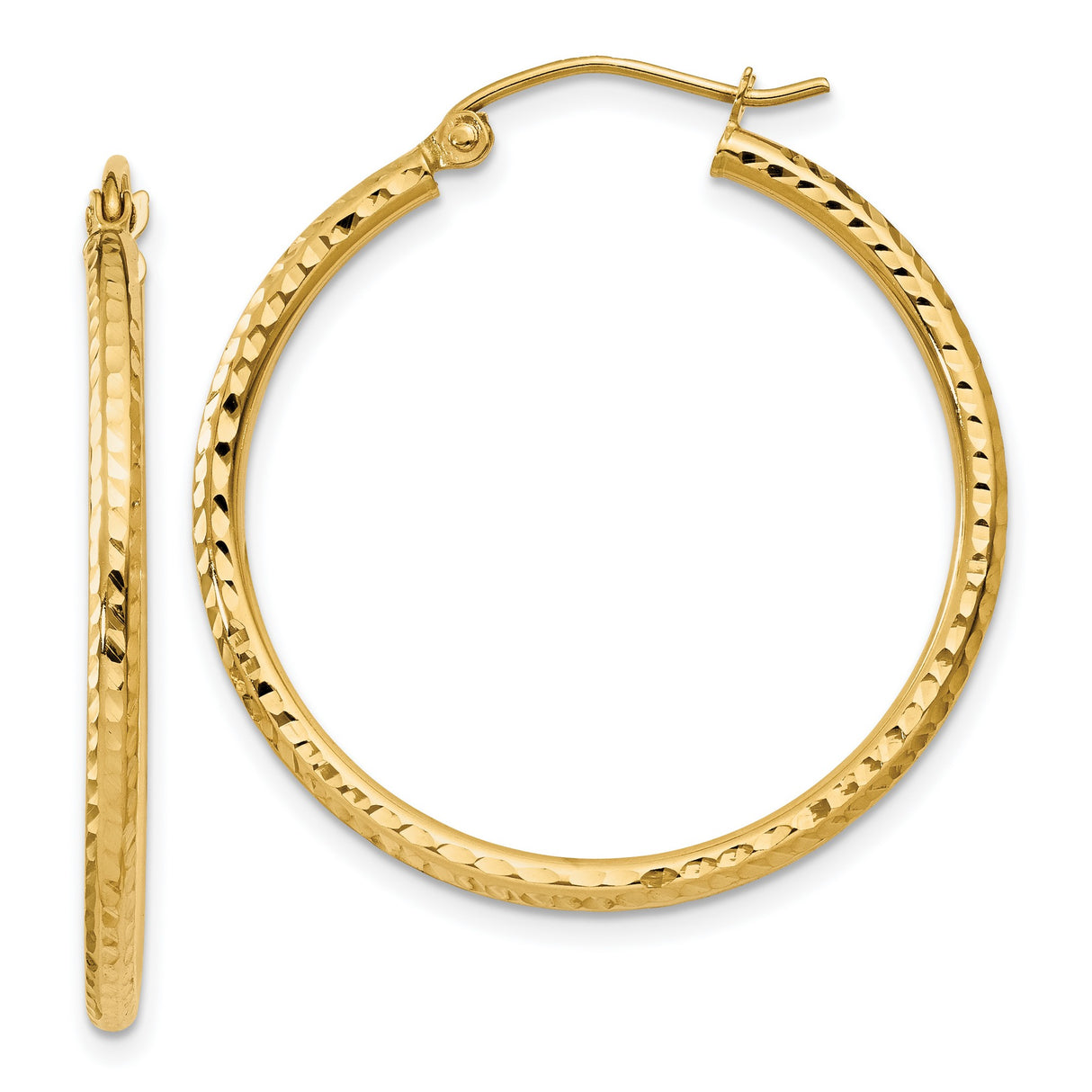 14k Yellow Gold Hoop Earrings, Hammered and Polished Finish, Lightweight Classic Style for Women