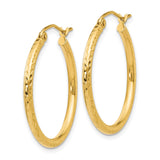 14k Yellow Gold Hoop Earrings with Polished Hammered Texture, Classic Round Design