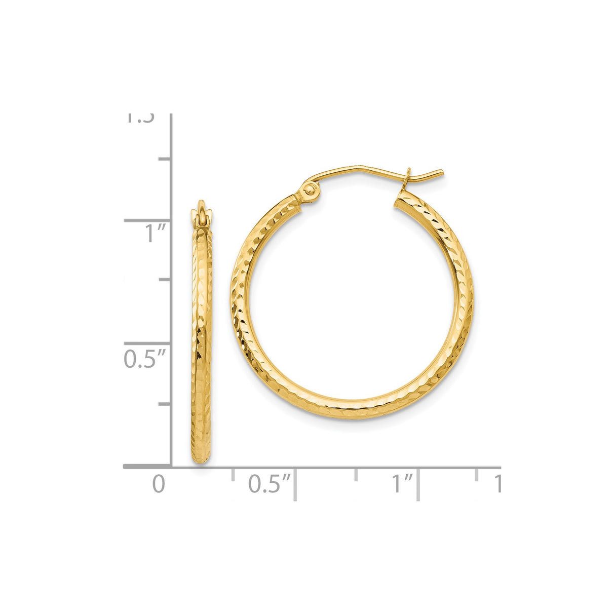 14k Yellow Gold Hoop Earrings with Polished Hammered Texture, Classic Round Design
