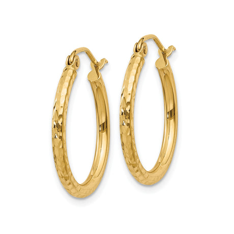 14k Yellow Gold Hoop Earrings, Hammered and Polished Textured Finish, Medium Size, Latch Back Closure