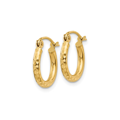 14k Yellow Gold Hoop Earrings, Hammered Texture with Polished Finish, Classic Round Design