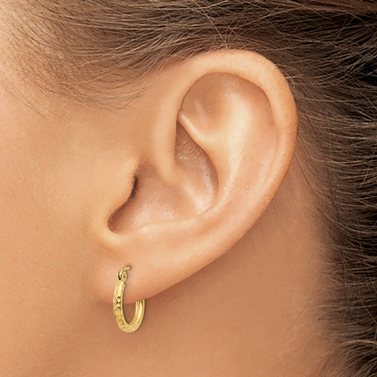 14k Yellow Gold Hoop Earrings, Hammered Texture with Polished Finish, Classic Round Design