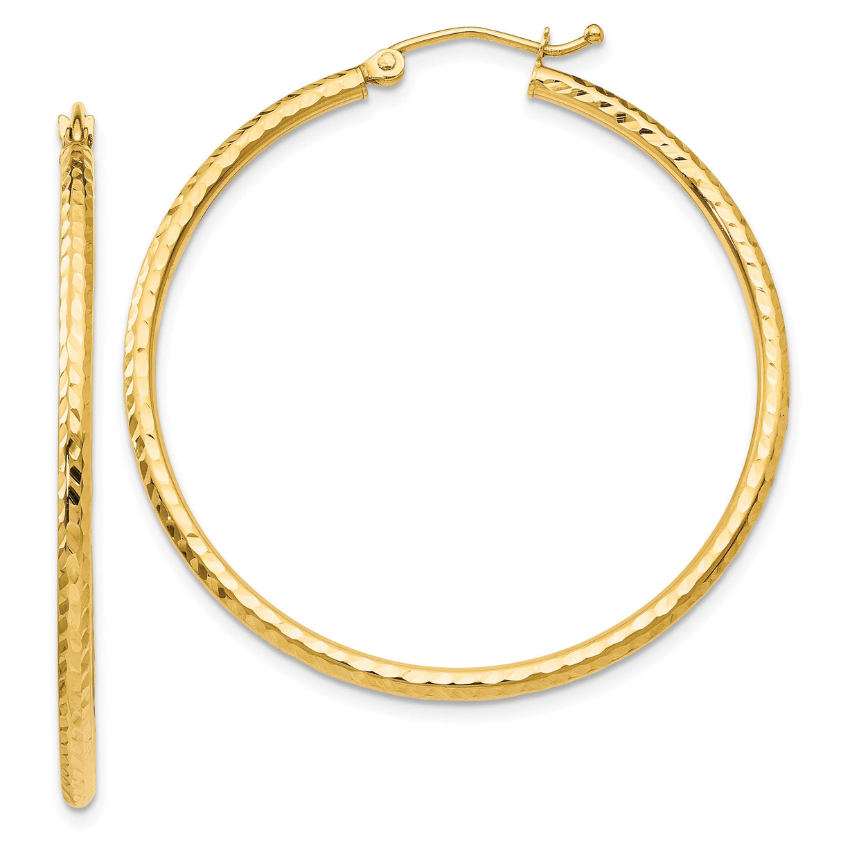 14k Yellow Gold Hoop Earrings with Hammered Texture, Lightweight Polished Medium Hoops for Women