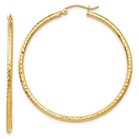 14k Yellow Gold Hoop Earrings, Large Hammered Round Design, Lightweight Polished Finish