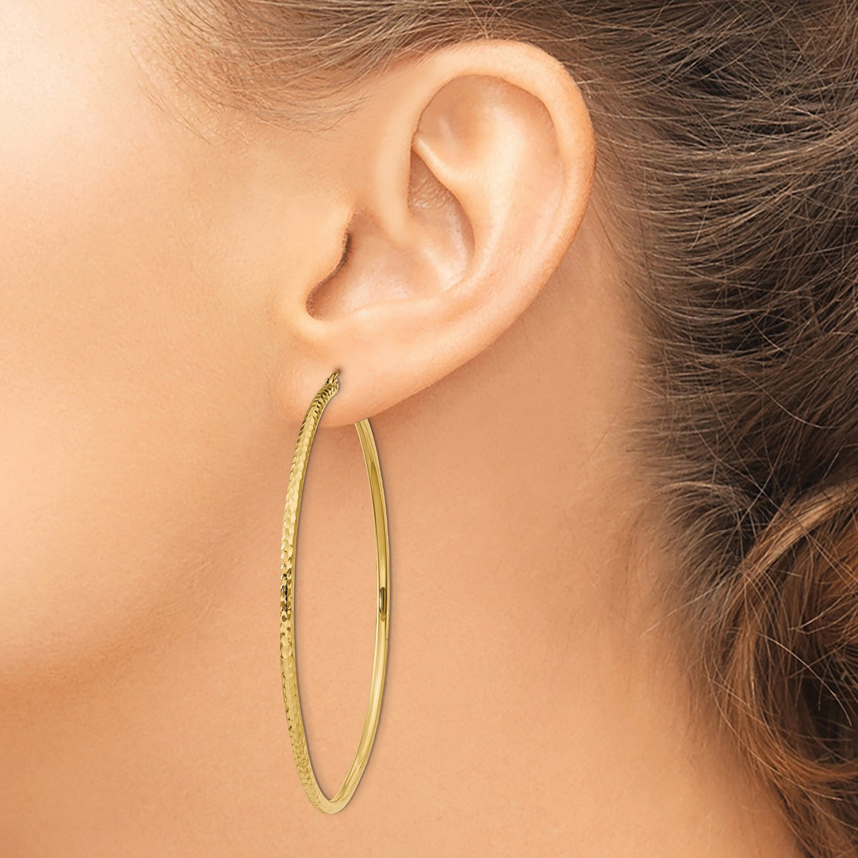 14k Yellow Gold Hoop Earrings, Large Round Diamond Cut Textured Design, Lightweight for Women
