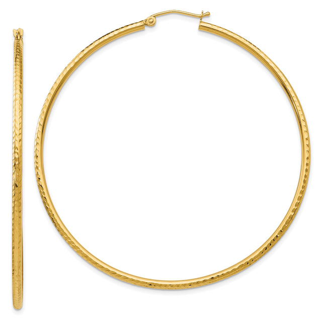 14k Yellow Gold Hoop Earrings, Large Round Diamond Cut Textured Design, Lightweight for Women