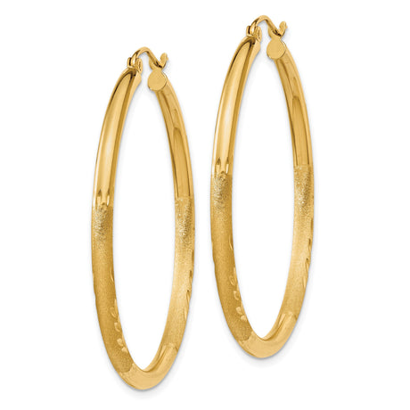 14k Yellow Gold Hoop Earrings with Diamond Cut Textured Design, Polished and Matte Finish
