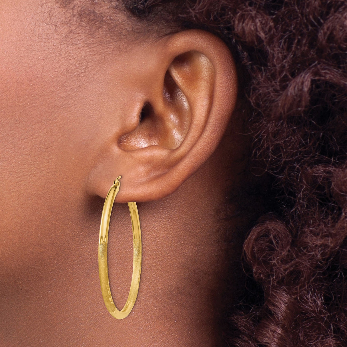14k Yellow Gold Hoop Earrings with Diamond Cut Textured Design, Polished and Matte Finish