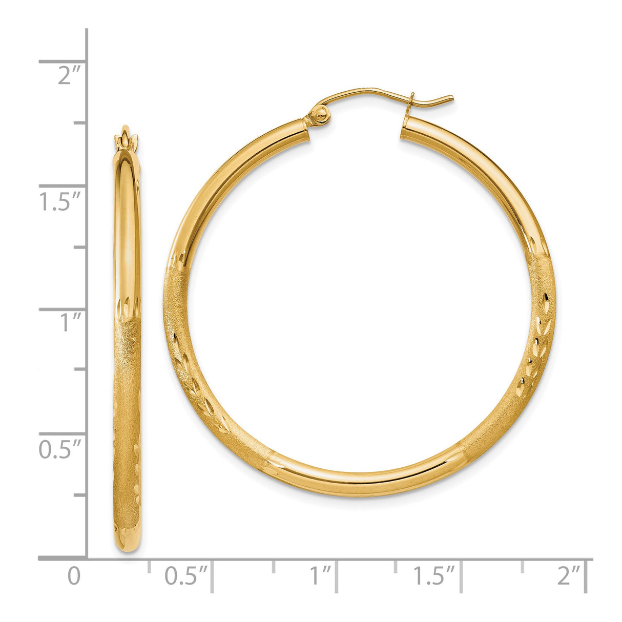14k Yellow Gold Hoop Earrings with Diamond Cut Textured Design, Polished and Matte Finish