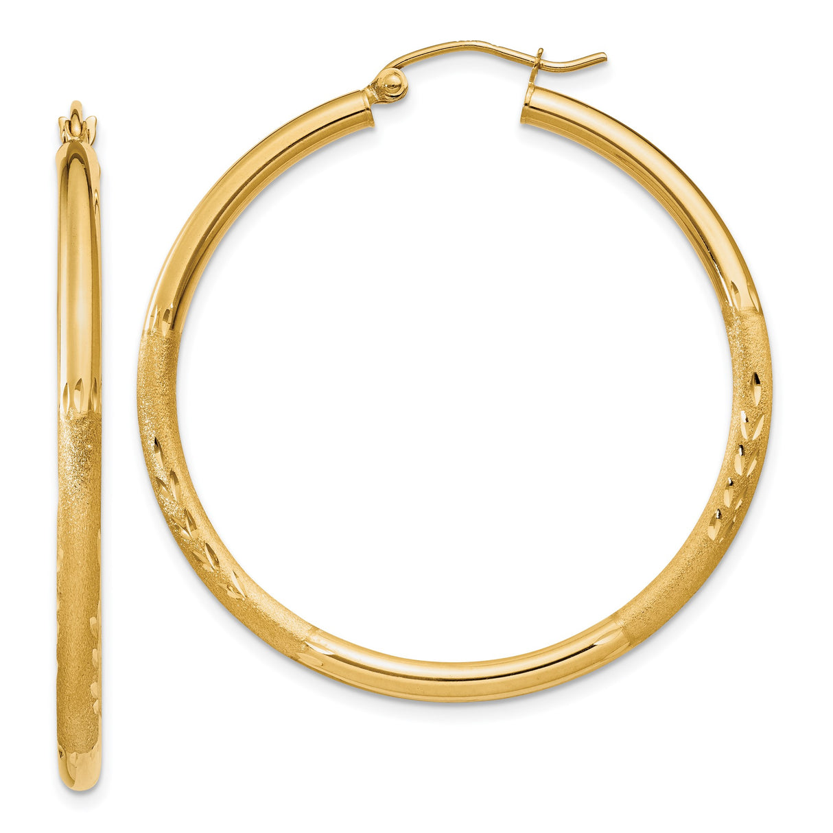 14k Yellow Gold Hoop Earrings with Diamond Cut Textured Design, Polished and Matte Finish