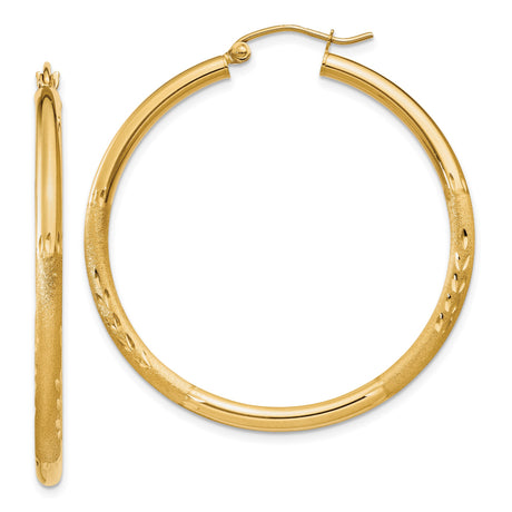 14k Yellow Gold Hoop Earrings with Diamond Cut Textured Design, Polished and Matte Finish