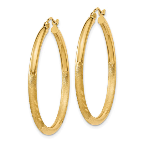 14k Yellow Gold Hoop Earrings with Polished and Textured Leaf Accents, Lightweight Dainty Design