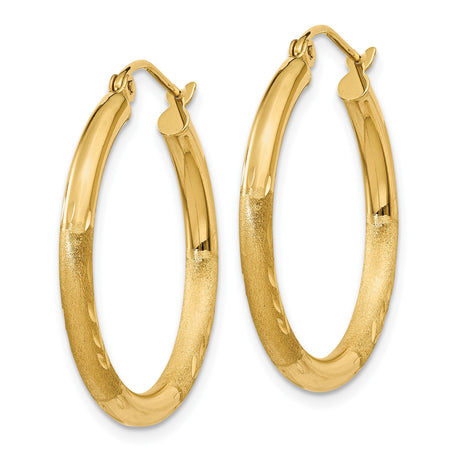14k Yellow Gold Hoop Earrings, Textured Sandblasted Finish with Chevron Design