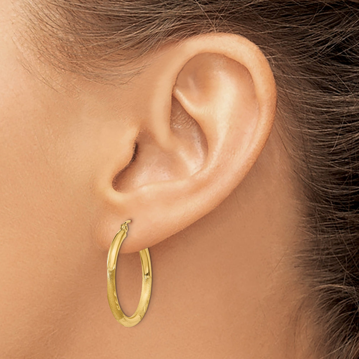 14k Yellow Gold Hoop Earrings, Textured Sandblasted Finish with Chevron Design