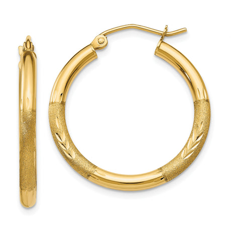 14k Yellow Gold Hoop Earrings, Textured Sandblasted Finish with Chevron Design