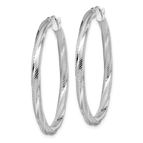 10k White Gold Hoop Earrings with Twisted Diamond Cut Design, Lightweight Classic Style