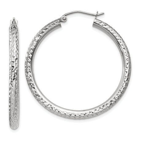 14k White Gold Hoop Earrings, Diamond Cut Textured Finish, Lightweight Classic Style for Women
