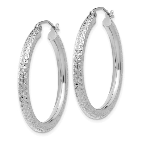 14k White Gold Hoop Earrings, Diamond Cut Textured Round Hoops with Shimmer Finish