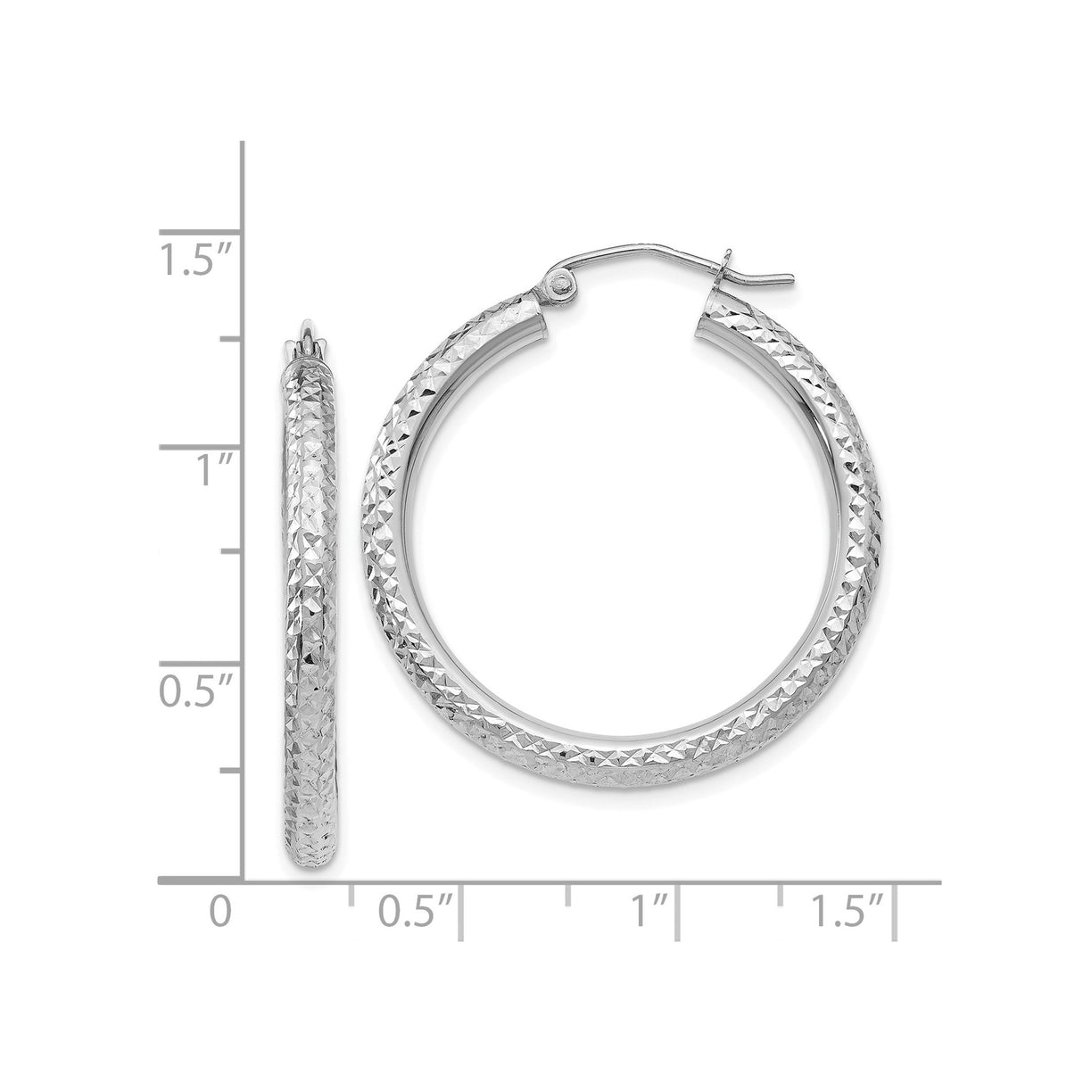 14k White Gold Hoop Earrings, Diamond Cut Textured Round Hoops with Shimmer Finish